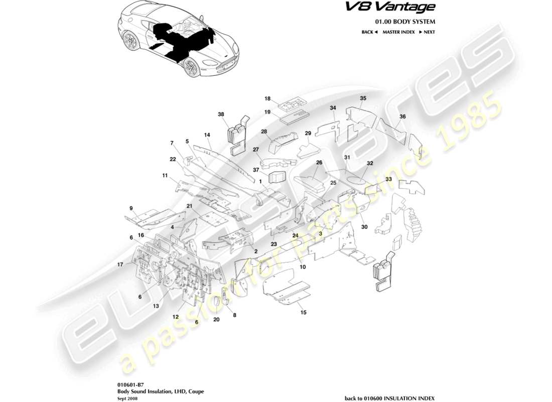 aston martin vantage gt8 (2017) aislamiento de carrocería, lhd diagrama de piezas