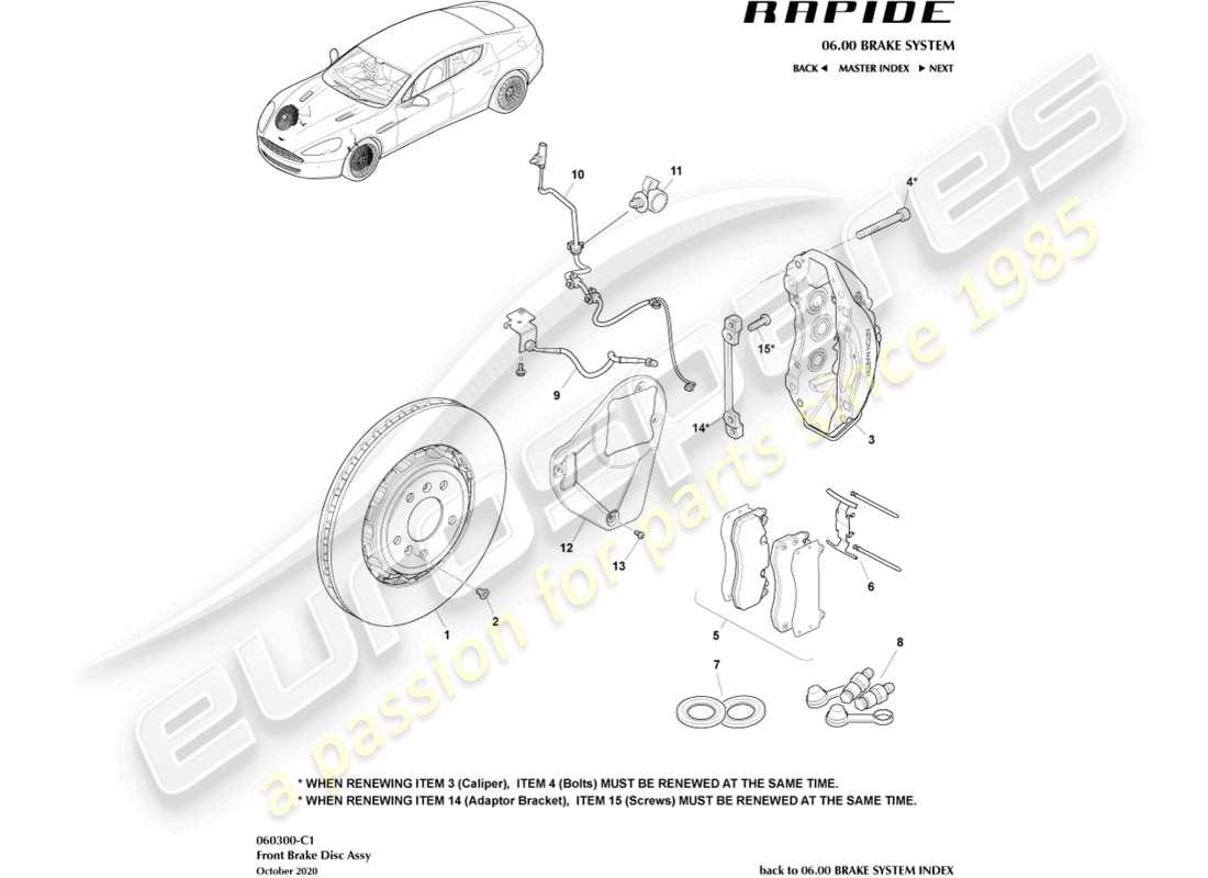 aston martin rapide (2010) sistema de freno delantero diagrama de piezas