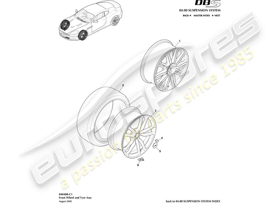 aston martin dbs (2007) ruedas y neumáticos delanteros diagrama de piezas
