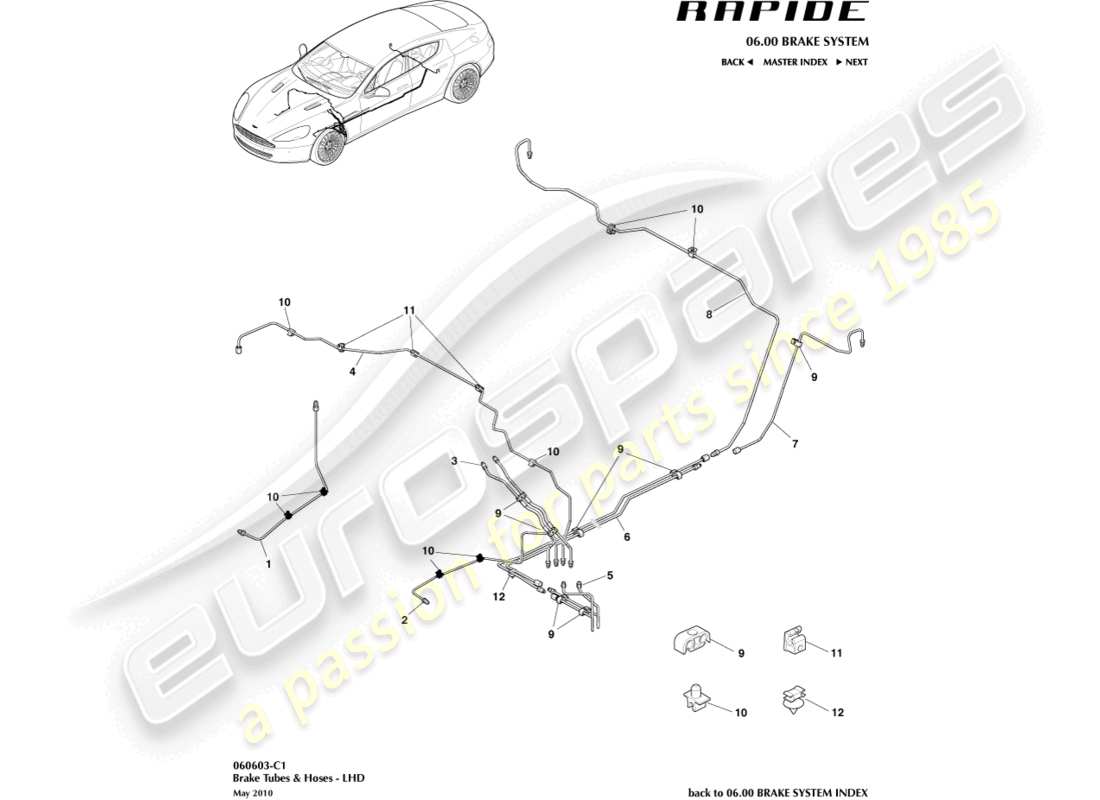 aston martin rapide (2018) líneas y mangueras de freno, diagrama de piezas lhd