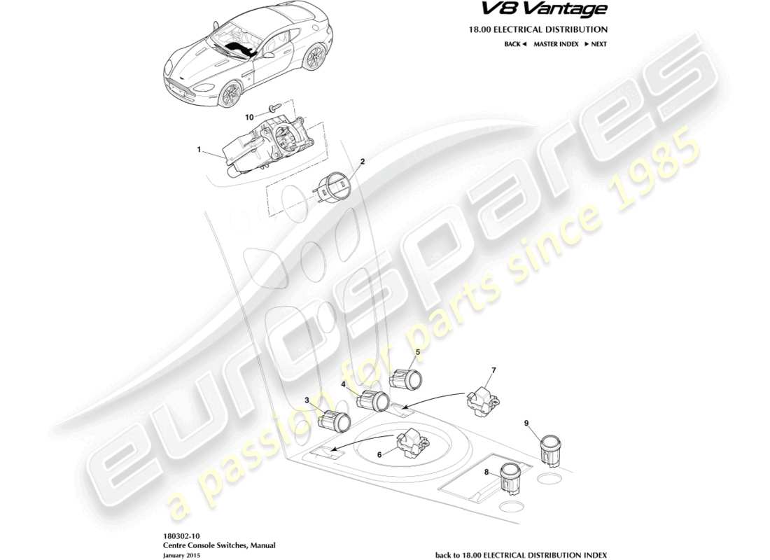 aston martin v8 vantage (2018) interruptores de la consola central, manual, diagrama de piezas 16my