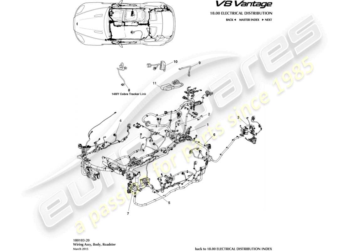 aston martin v8 vantage (2018) arnés corporal, diagrama de piezas del roadster