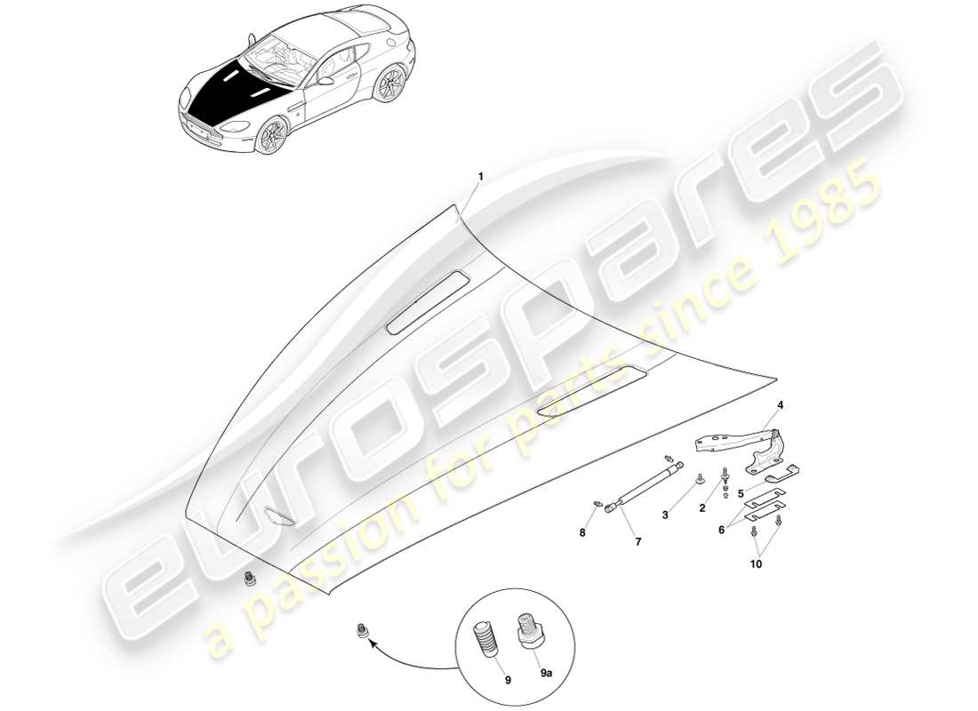 aston martin v8 vantage (2005) diagrama de capó y piezas de montaje