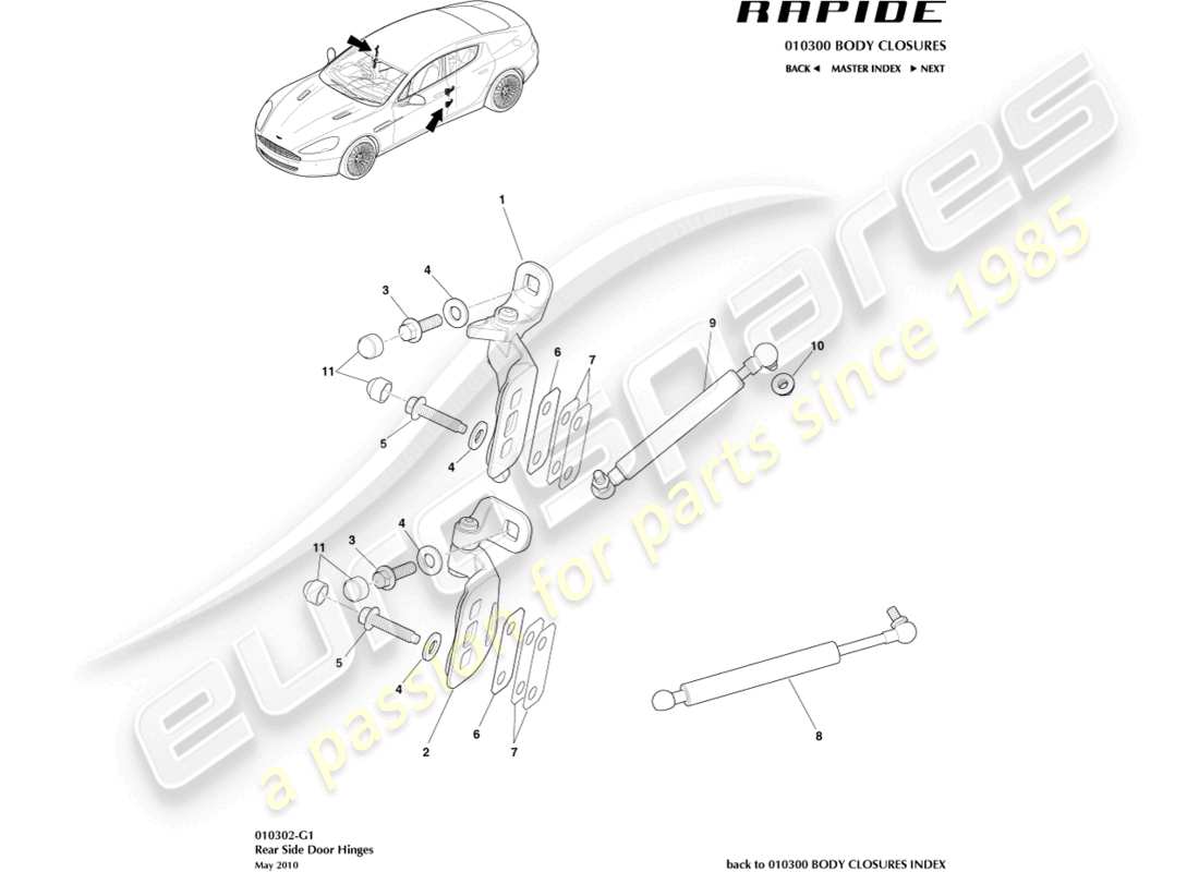 aston martin rapide (2010) diagrama de piezas del conjunto de bisagra de puerta trasera