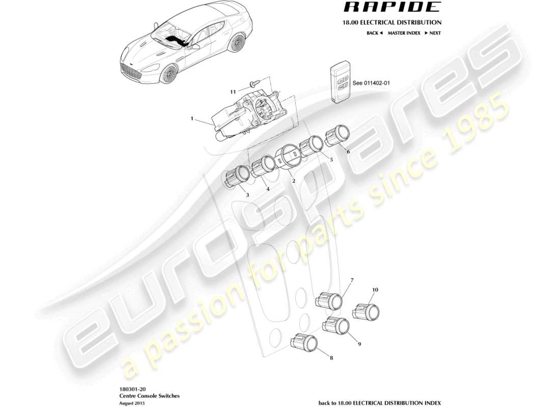 aston martin rapide (2010) interruptores de consola central diagrama de piezas