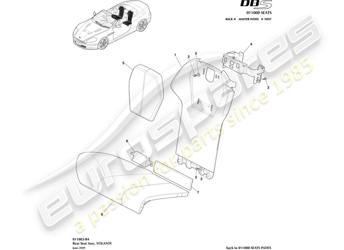 aston martin dbs (2013) asiento trasero, diagrama de piezas volante