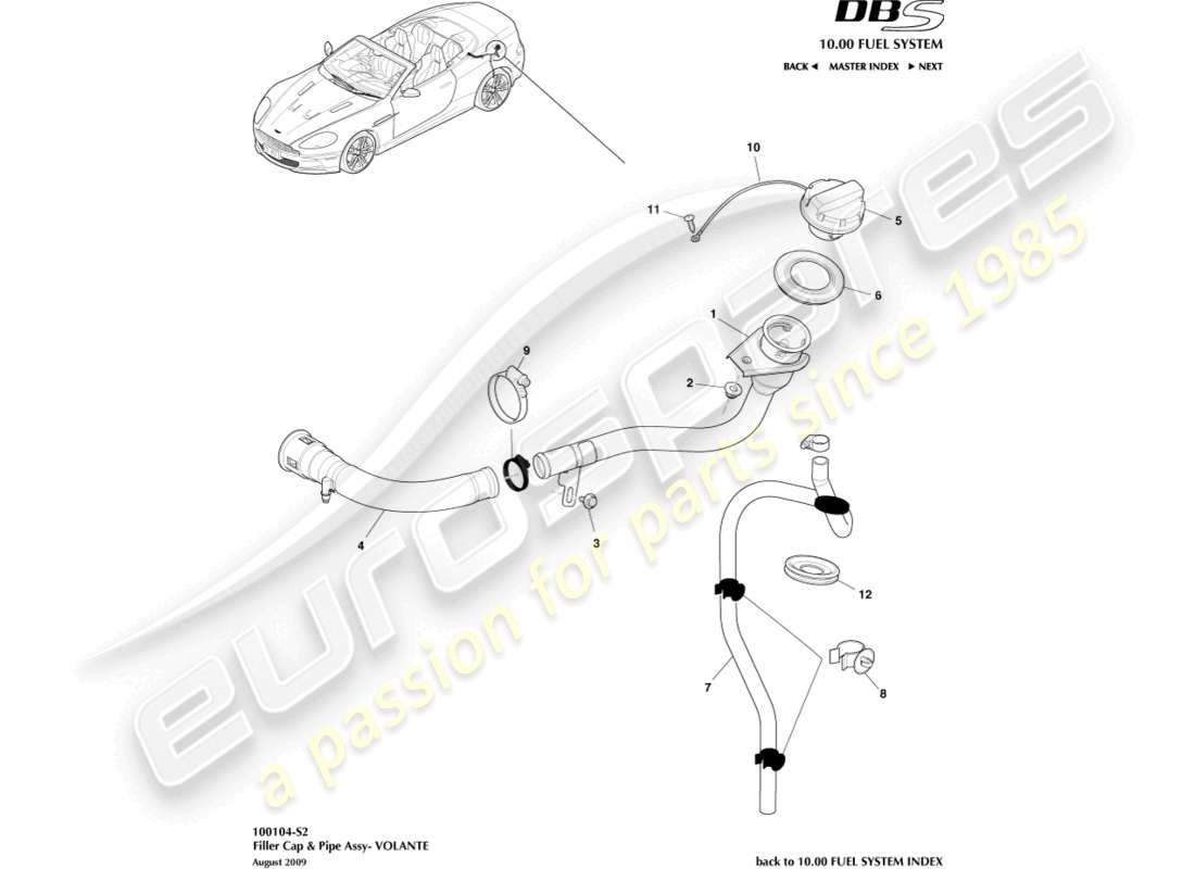 aston martin dbs (2014) tapa y tubo de llenado de combustible, diagrama de piezas de volante
