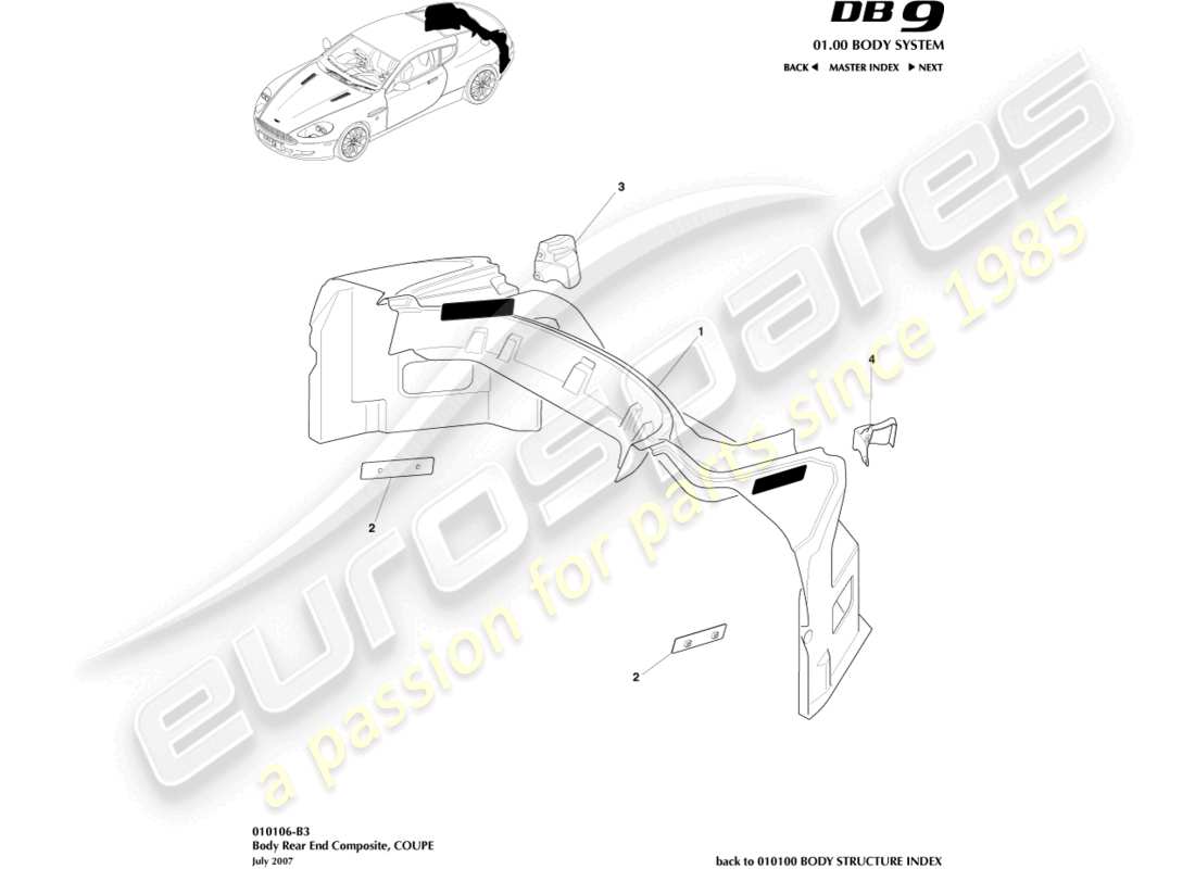 aston martin db9 (2008) parte trasera de la carrocería compuesta, diagrama de piezas del cupé
