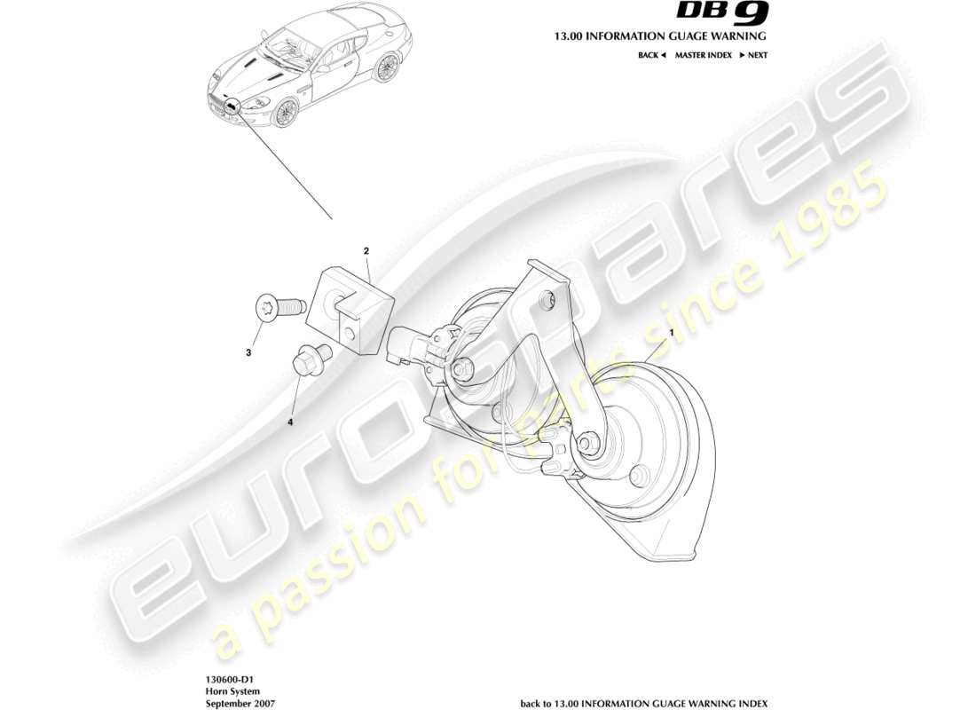 aston martin db9 (2008) diagrama de piezas del sistema de bocina