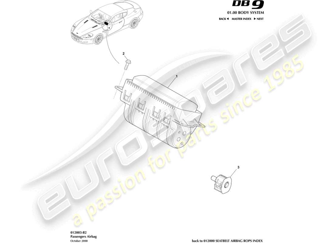 aston martin db9 (2008) diagrama de piezas del airbag del pasajero