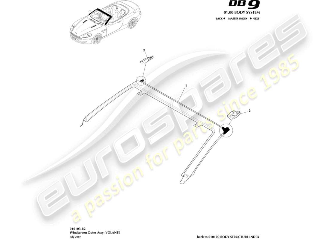 aston martin db9 (2008) parabrisas, exterior, diagrama de piezas de volante