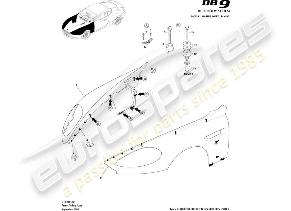 aston martin db9 (2008) diagrama de piezas del conjunto del alerón delantero