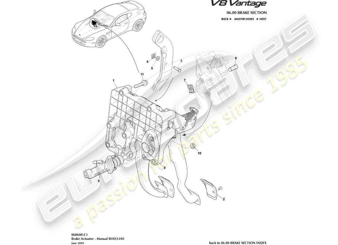 aston martin v8 vantage (2006) conjunto del actuador de freno, diagrama de piezas del manual