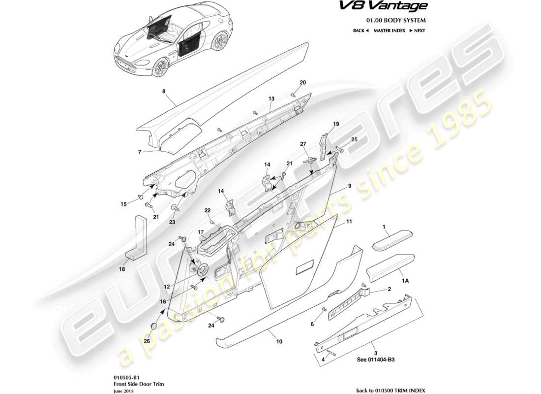 aston martin v8 vantage (2018) diagrama de piezas de molduras de puertas