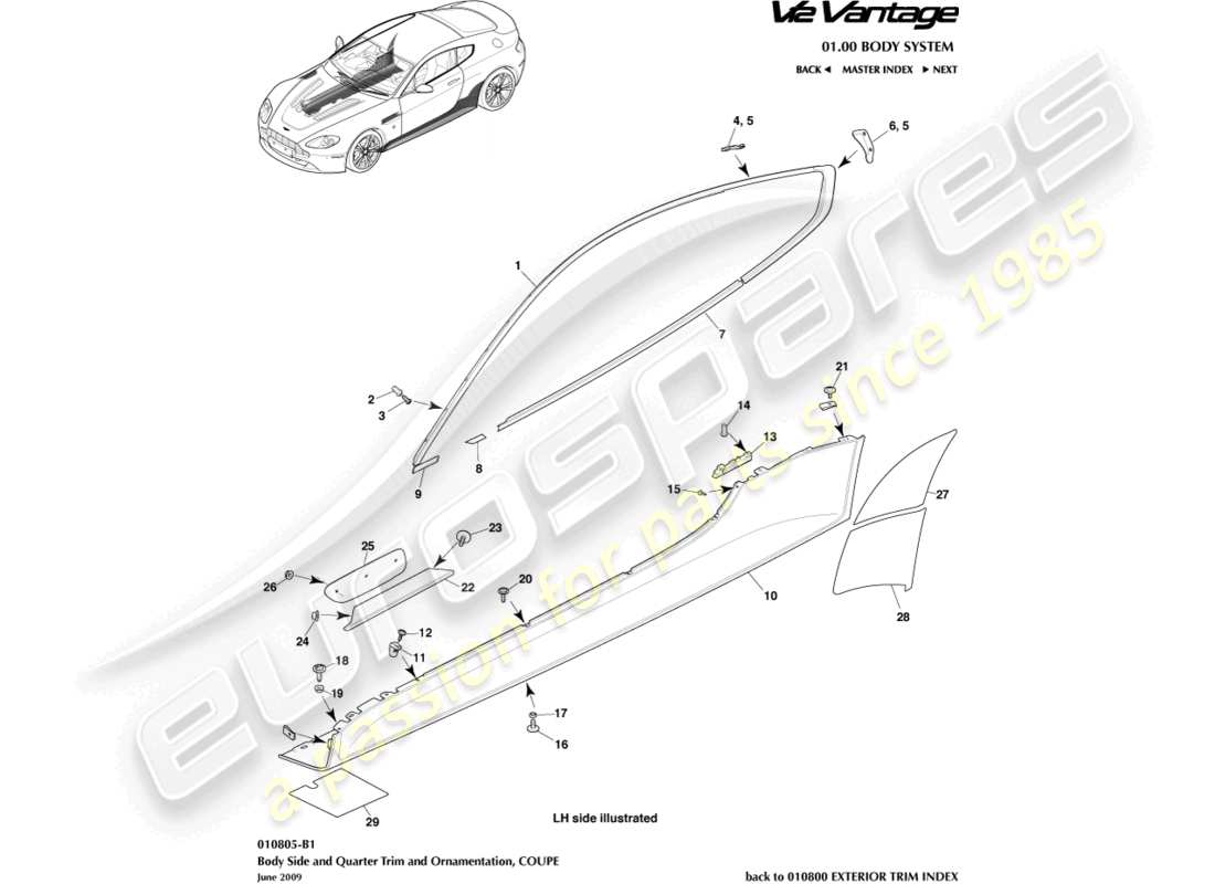 aston martin v12 vantage (2013) guarnición lateral y lateral de la carrocería, diagrama de piezas del cupé