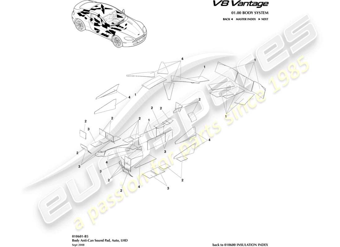 aston martin v8 vantage (2006) almohadillas de sonido anti-can, diagrama de piezas lhd