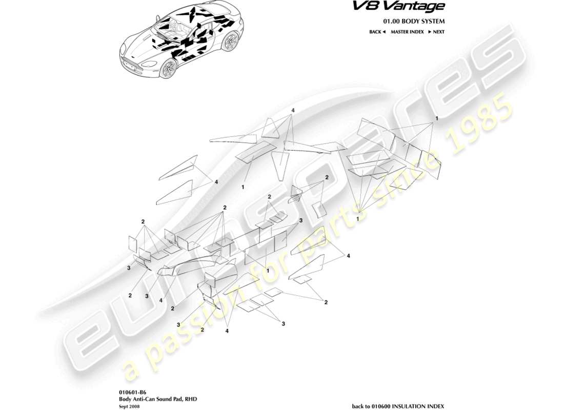 aston martin v8 vantage (2006) almohadillas de sonido anti-can, diagrama de piezas rhd
