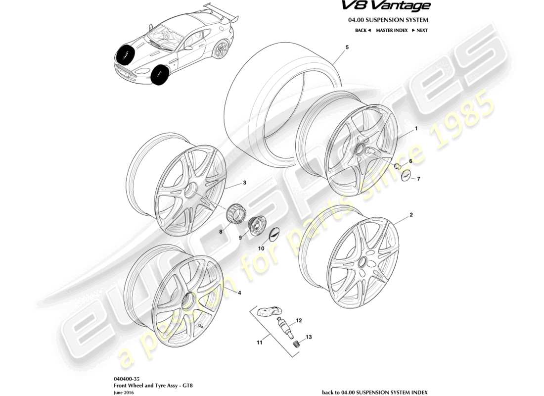 aston martin v8 vantage (2013) ruedas y neumáticos delanteros, gt8 diagrama de piezas
