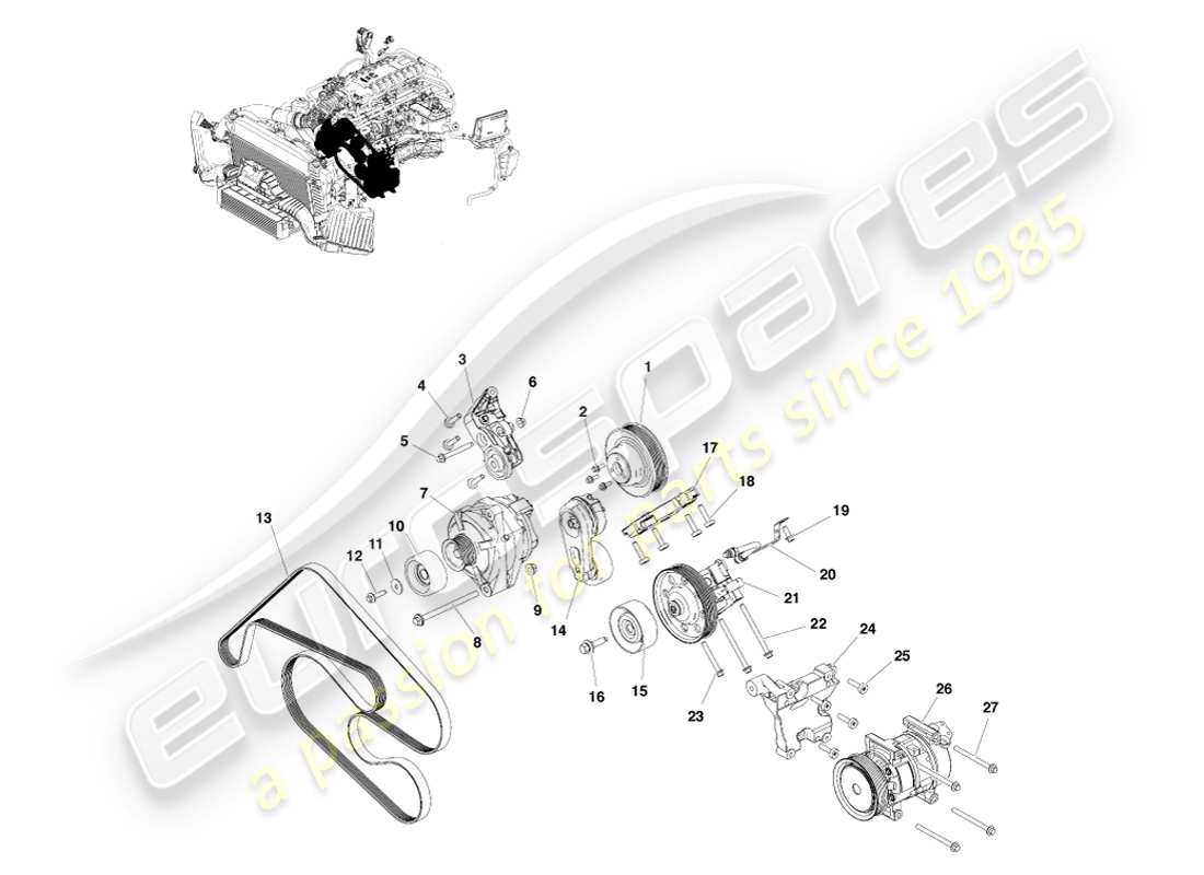 aston martin v8 vantage (2005) diagrama de piezas de transmisión de accesorios