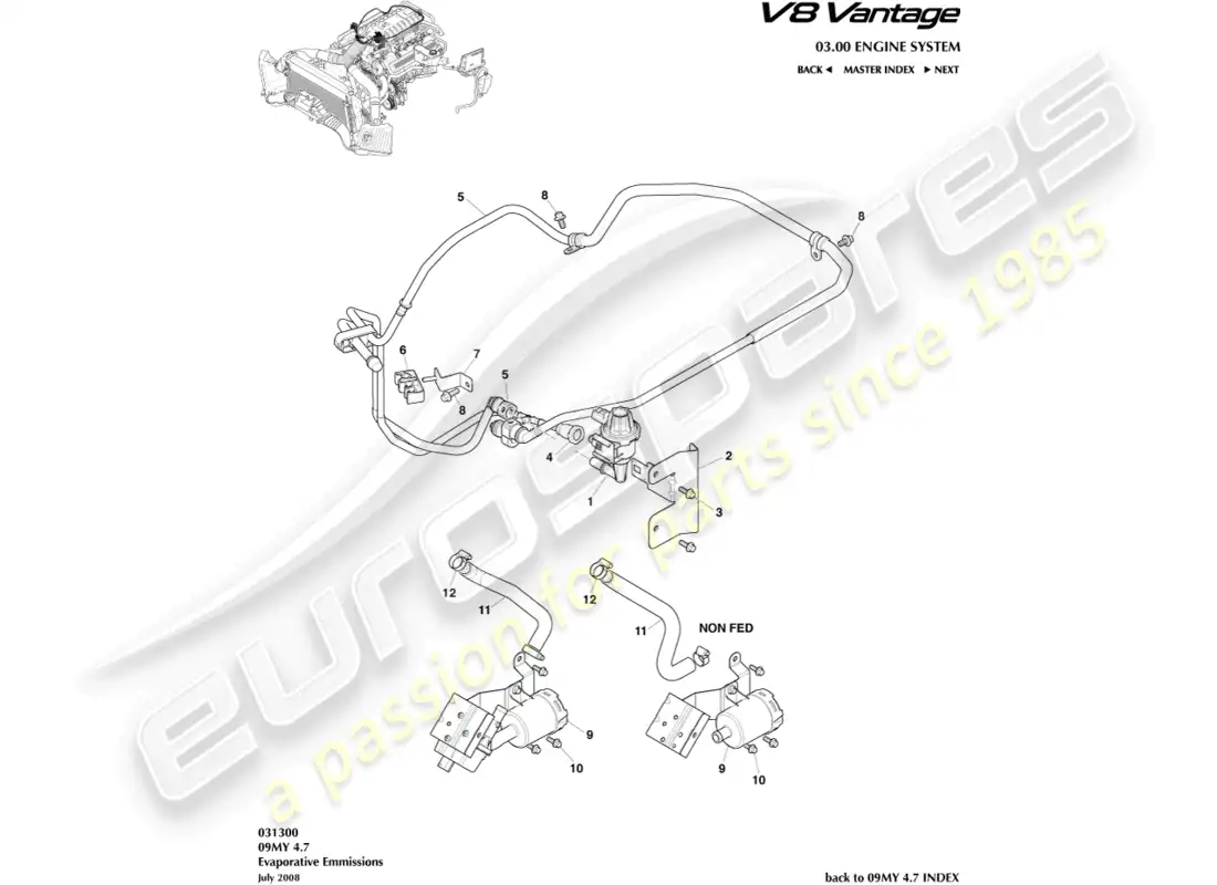 aston martin v8 vantage (2008) diagrama de partes de emisiones evaporativas