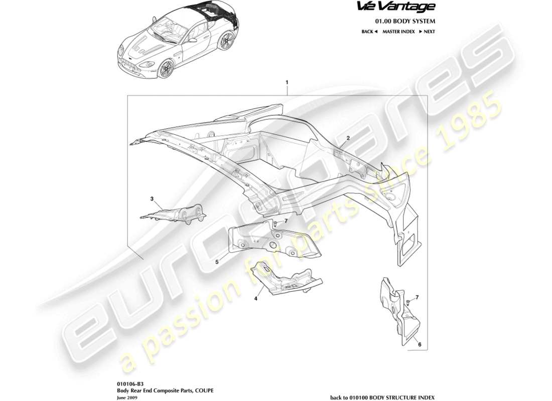 aston martin v12 vantage (2010) parte trasera de la carrocería compuesta, diagrama de piezas del cupé