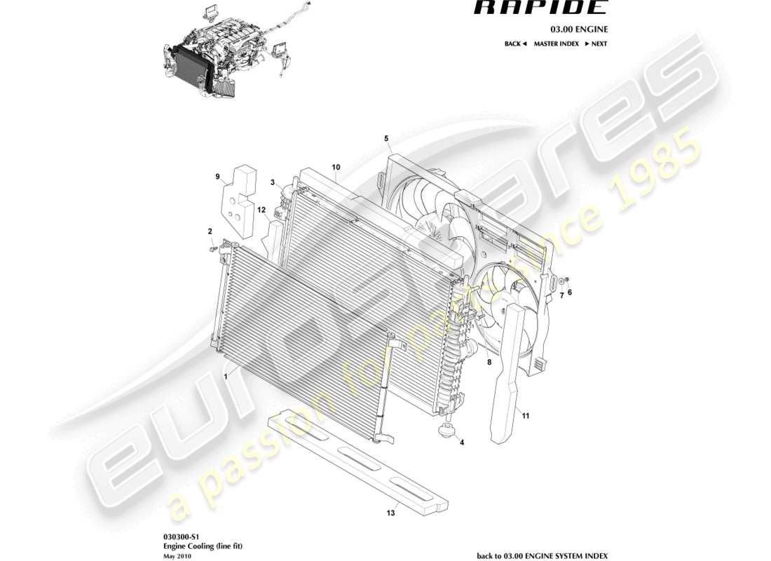 aston martin rapide (2010) refrigeración del motor, ajuste de línea diagrama de piezas