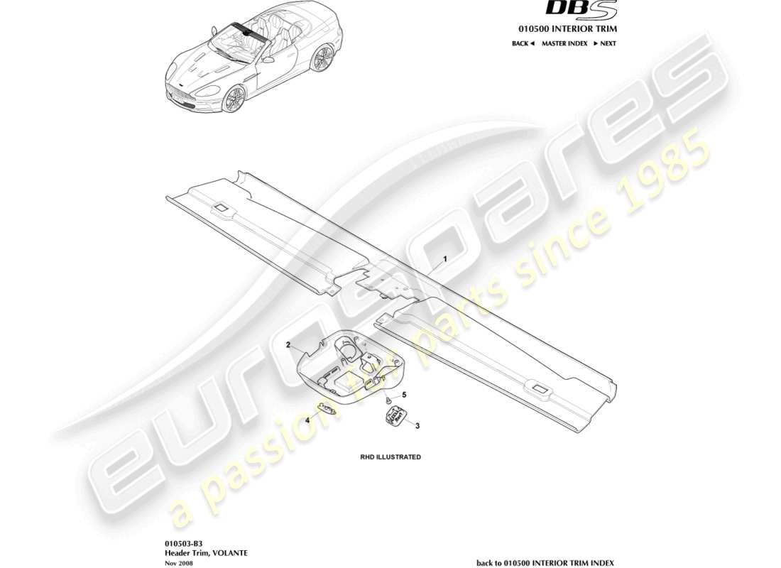 aston martin dbs (2008) embellecedor de cabecera, volante diagrama de piezas
