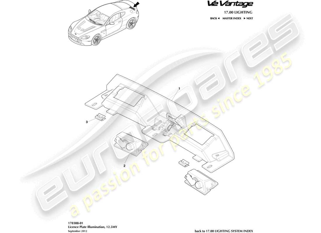 aston martin v12 vantage (2010) luces de matrícula, 12.5my diagrama de piezas
