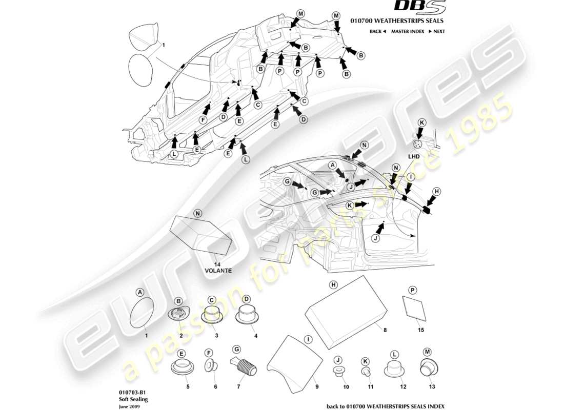 aston martin dbs (2007) sellado suave diagrama de piezas