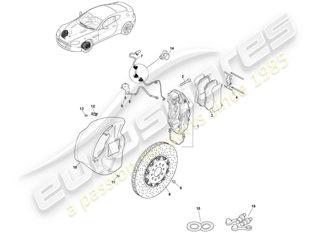 aston martin v8 vantage (2005) diagrama de piezas del sistema de freno delantero