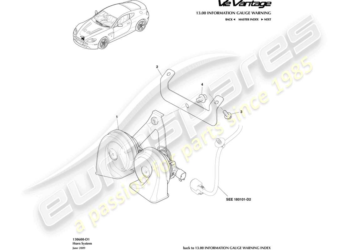 aston martin v12 vantage (2010) diagrama de piezas del sistema de bocina