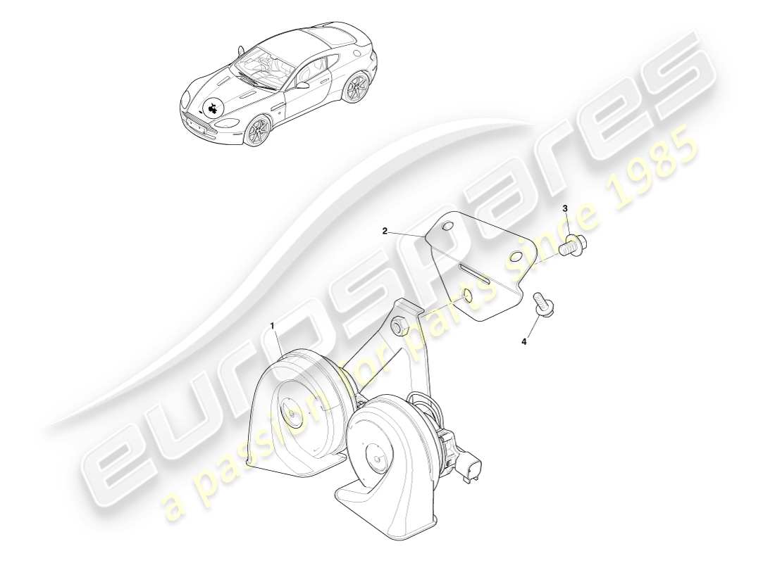 aston martin v8 vantage (2005) diagrama de piezas del sistema de bocina