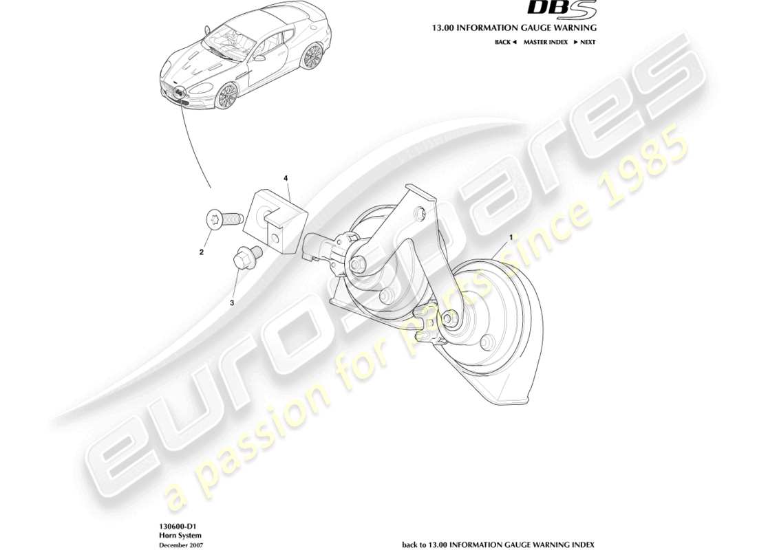 aston martin dbs (2007) horn system diagrama de piezas