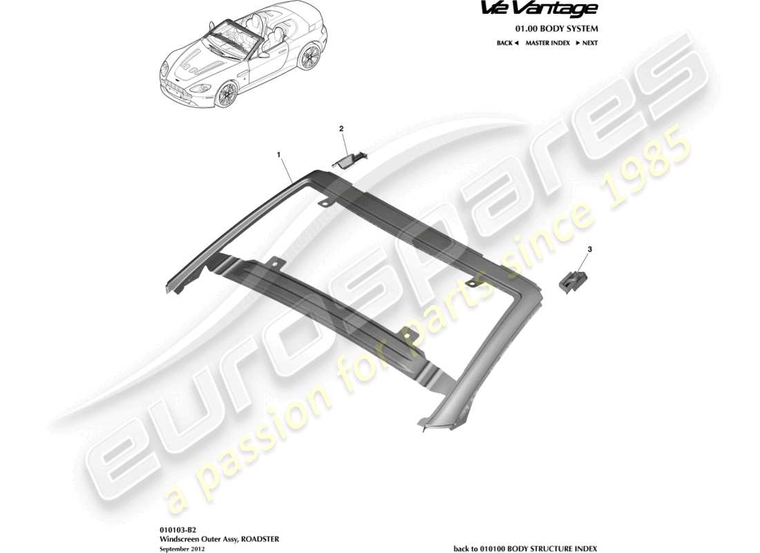 aston martin v12 vantage (2010) diagrama de piezas del parabrisas, exterior y roadster