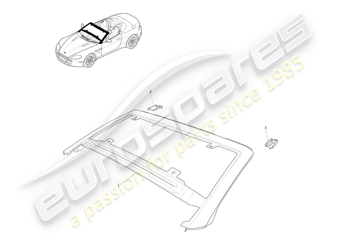 aston martin v8 vantage (2005) diagrama de piezas del winscreen, exterior y roadster
