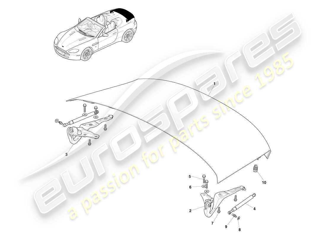 aston martin v8 vantage (2005) tapa de cubierta, diagrama de piezas del roadster