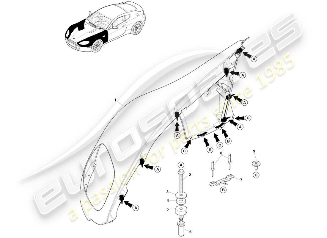 aston martin v8 vantage (2005) diagrama de piezas del conjunto del alerón delantero