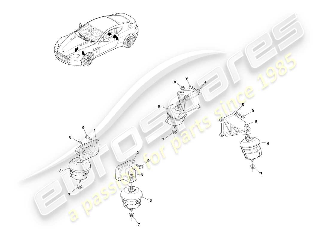 aston martin v8 vantage (2005) diagrama de piezas de soportes del motor