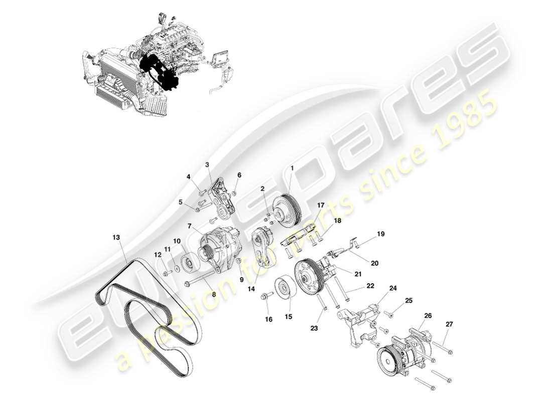 aston martin v8 vantage (2007) diagrama de piezas de transmisión de accesorios