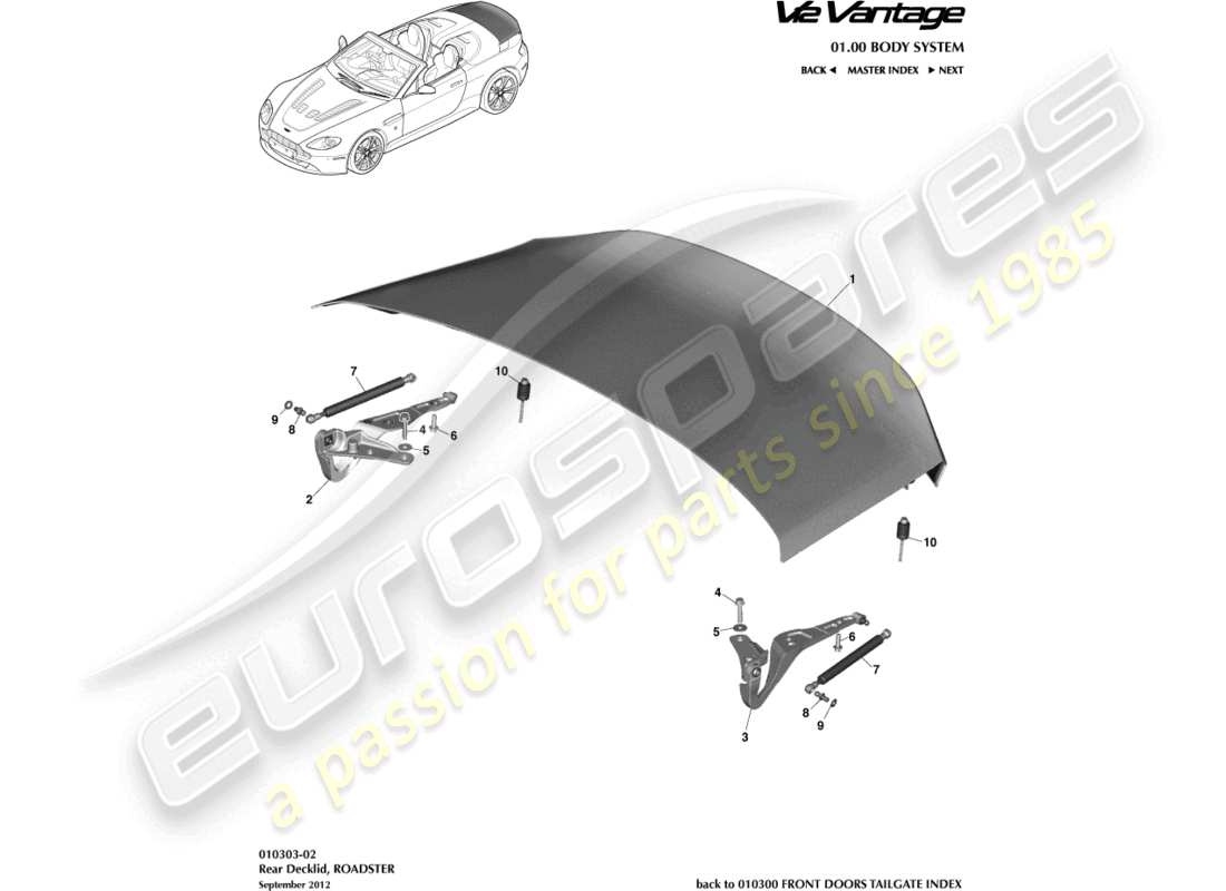 aston martin v12 vantage (2012) tapa de cubierta, diagrama de piezas del roadster