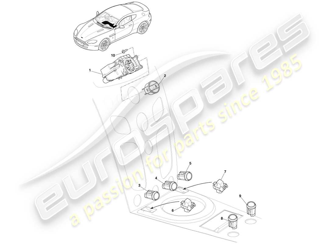 aston martin v8 vantage (2005) interruptores de la consola central, manual, diagrama de piezas 16my