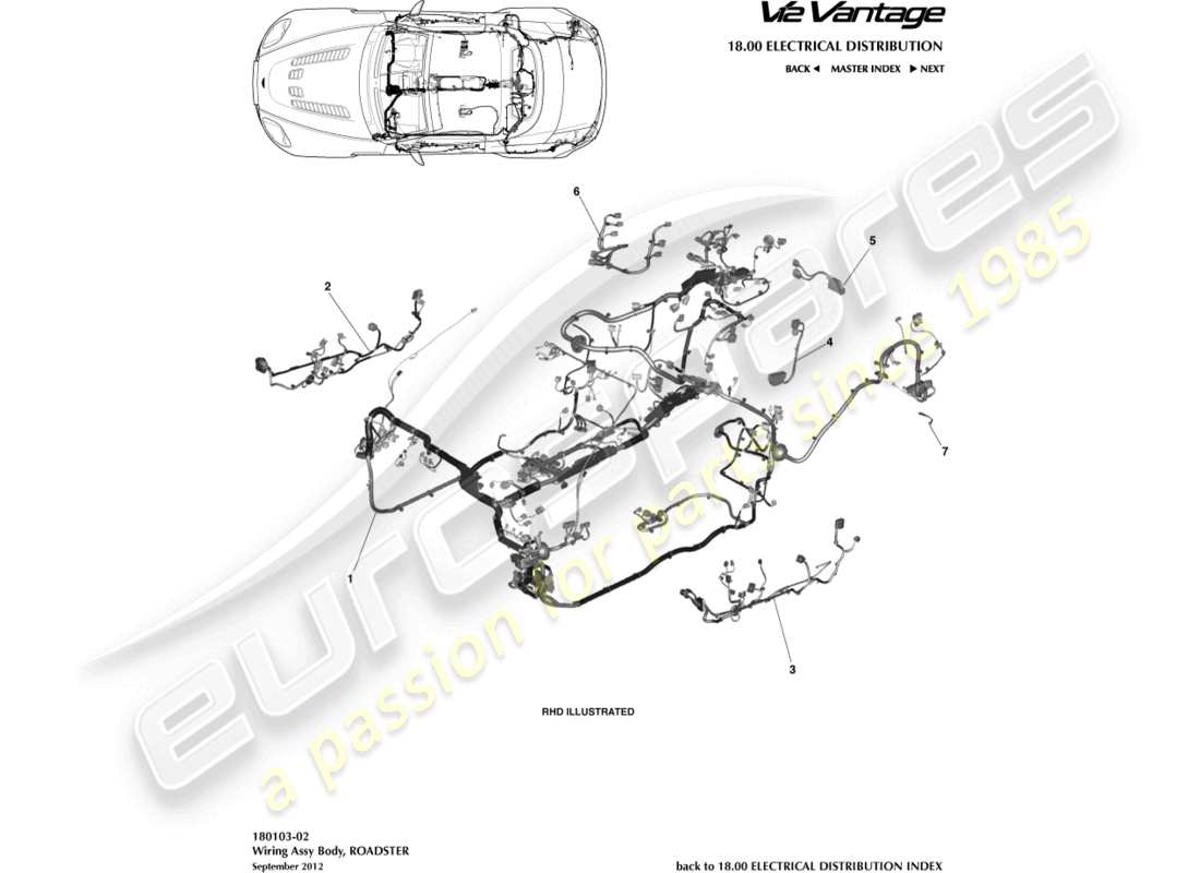 aston martin v12 vantage (2010) arnés corporal, diagrama de piezas del roadster
