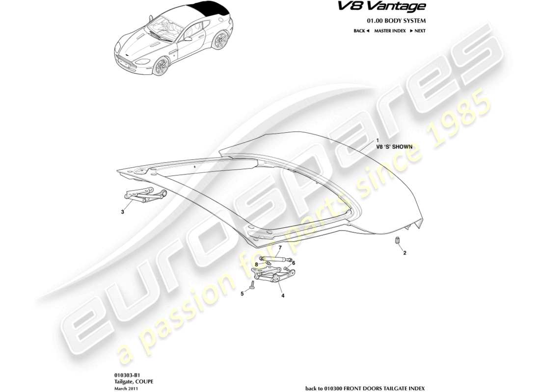 aston martin v8 vantage (2012) diagrama de piezas del portón trasero y cupé