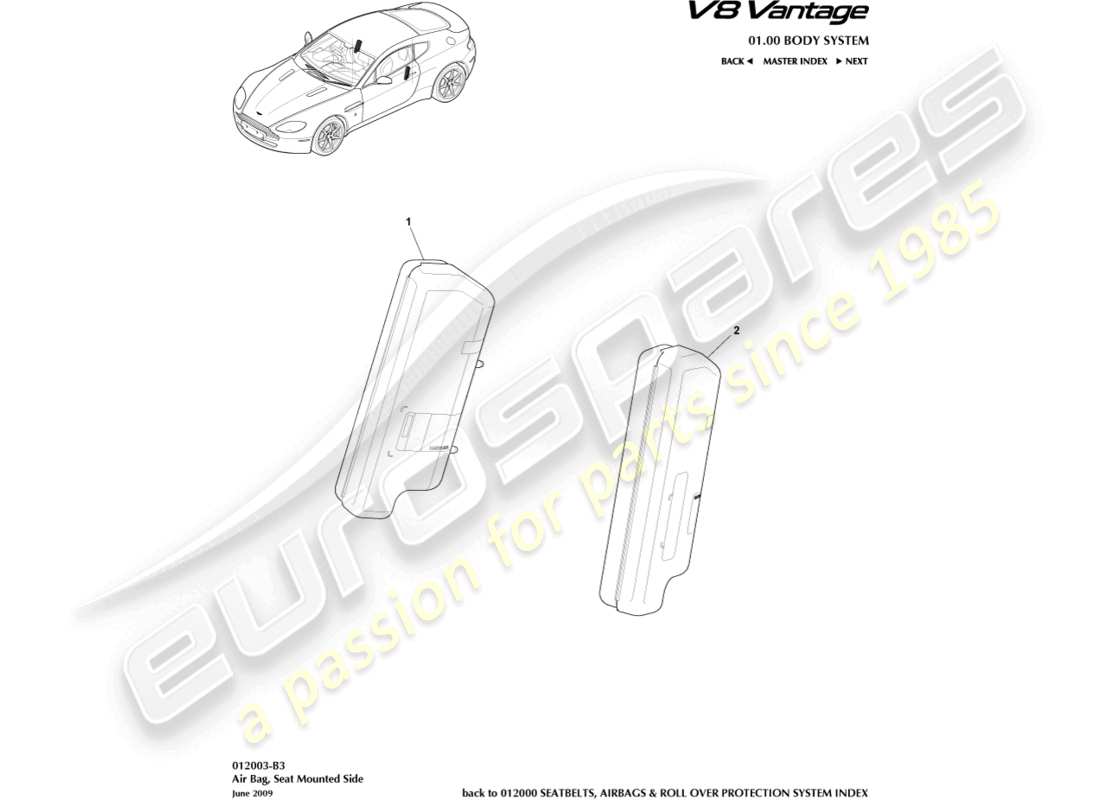 aston martin v8 vantage (2013) diagrama de piezas del airbag lateral