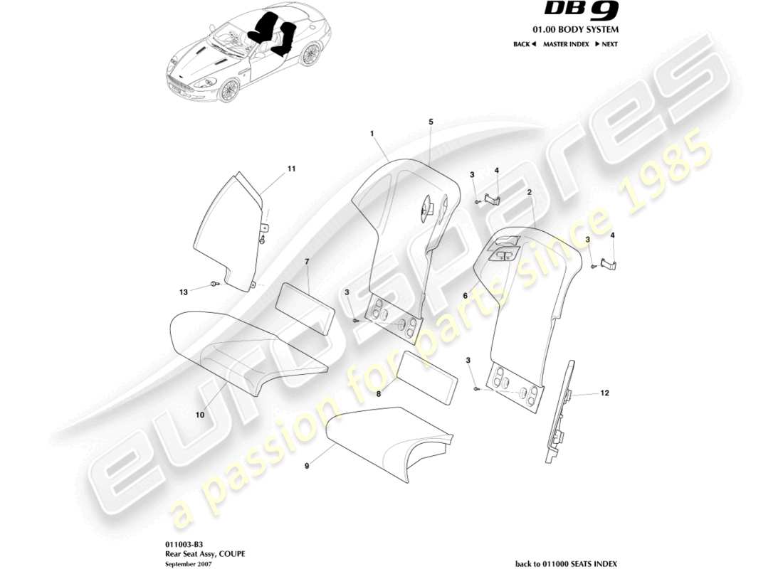 aston martin db9 (2008) diagrama de piezas del asiento trasero, cupé