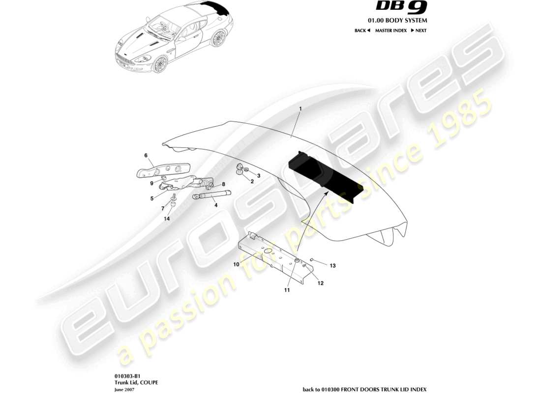 aston martin db9 (2008) tapa del maletero, diagrama de piezas del cupé