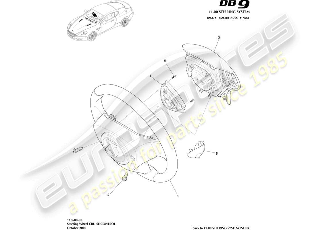 aston martin db9 (2005) diagrama de piezas del volante y control de crucero