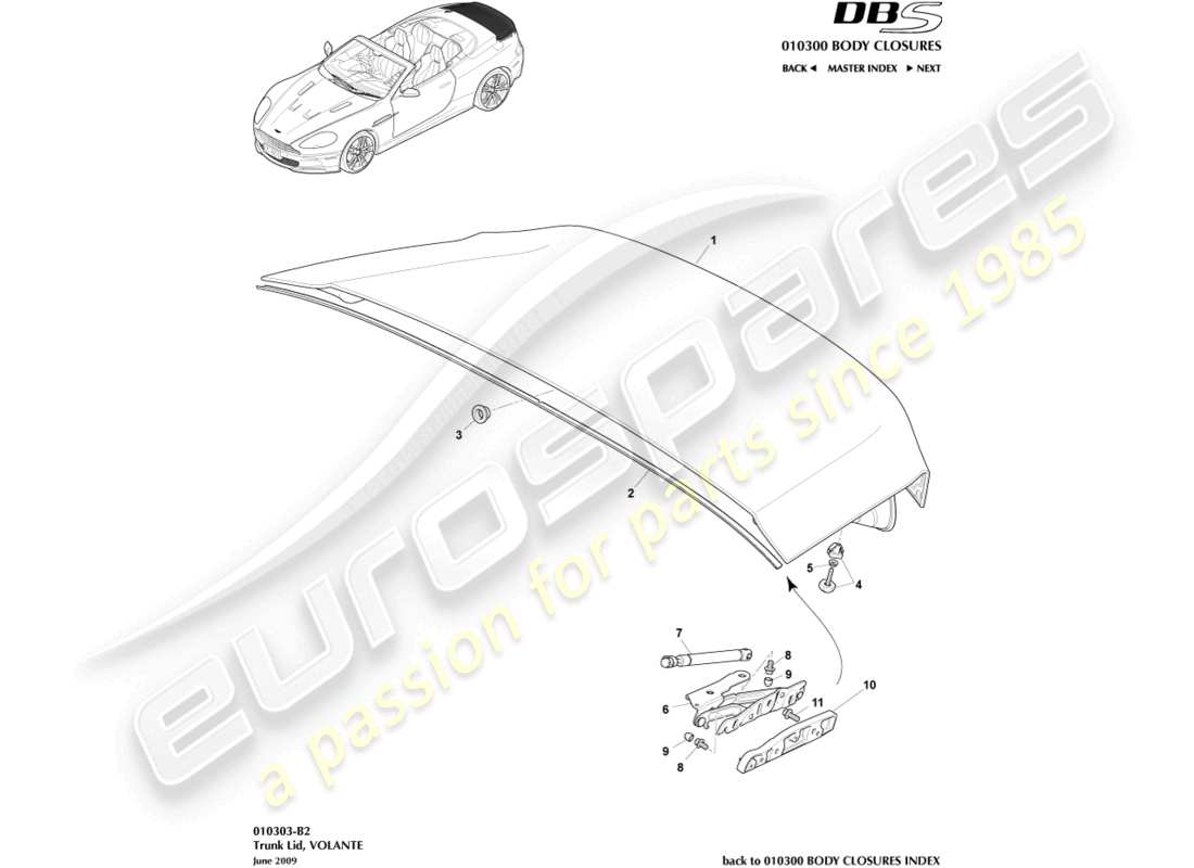 aston martin dbs (2007) tapa del maletero, volante diagrama de piezas