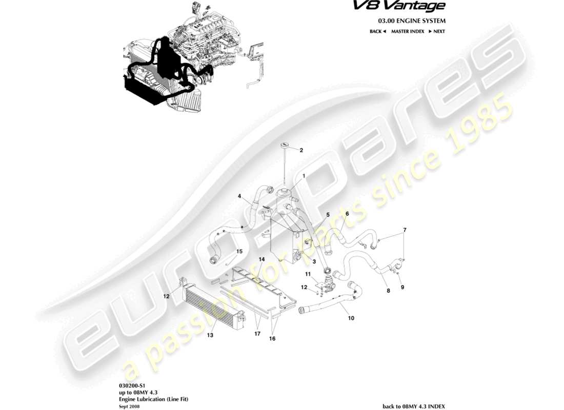 aston martin v8 vantage (2013) diagrama de piezas de ajuste de línea y lubricación del motor