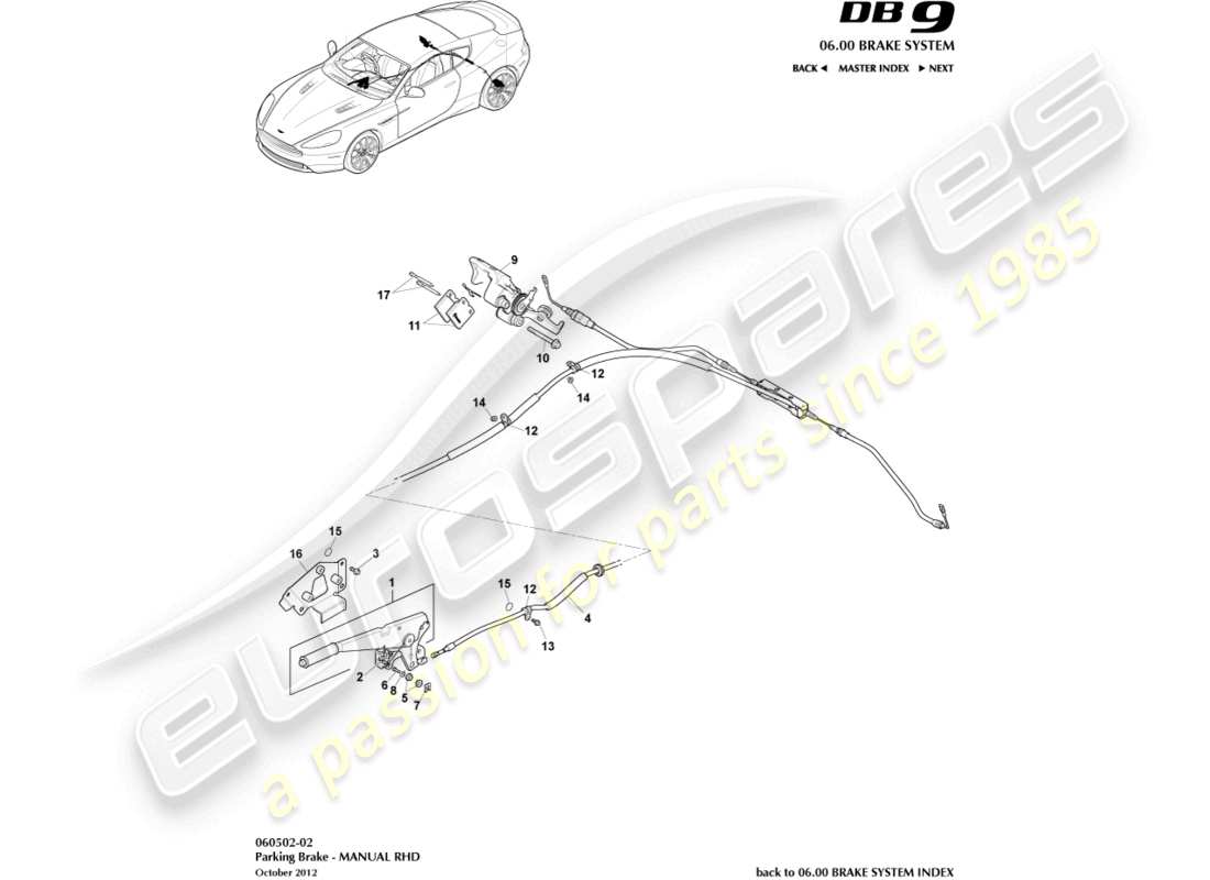 aston martin db9 (2015) freno de estacionamiento, diagrama de piezas a la derecha